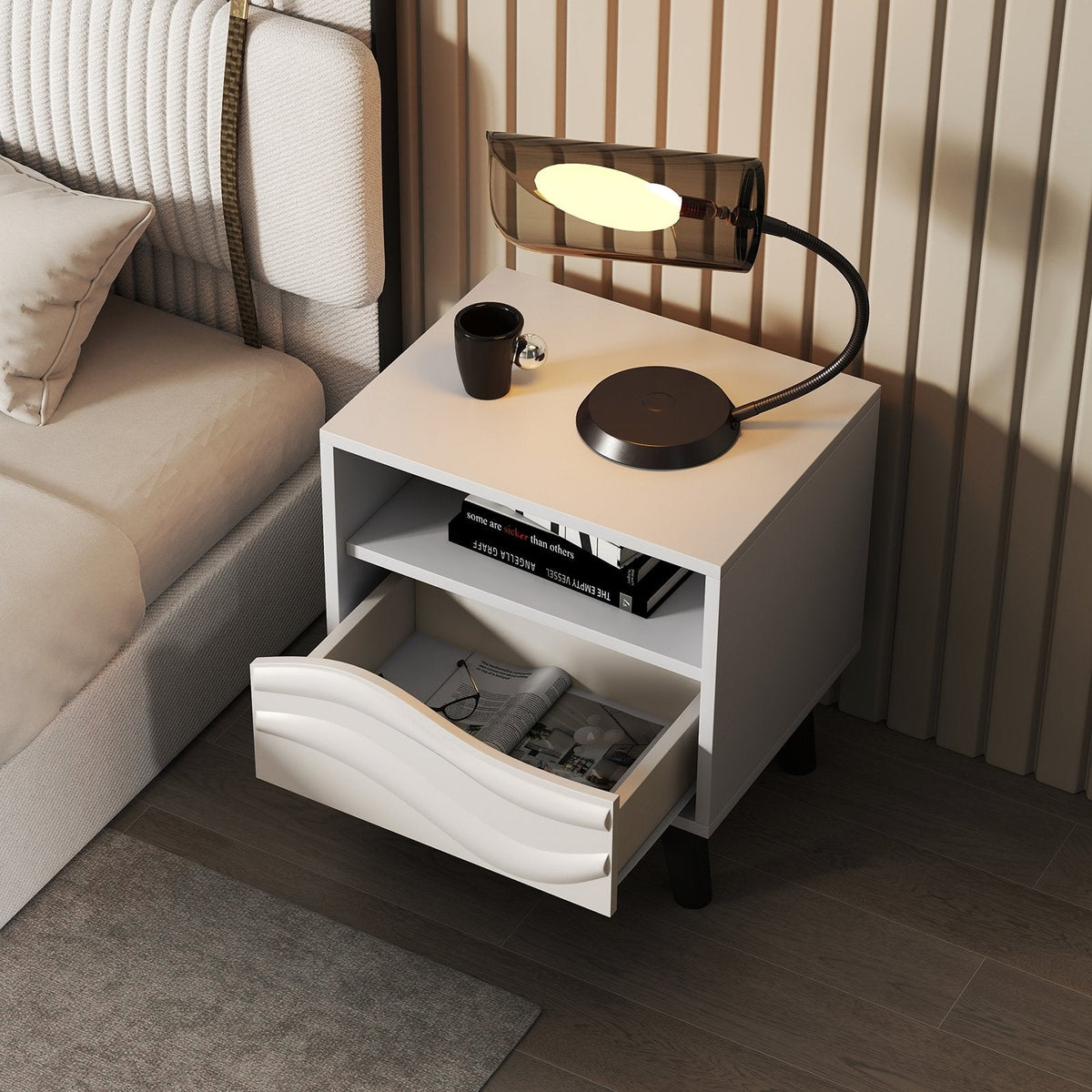 Nightstand with 3D Wavy Pattern and Open Shelf, White