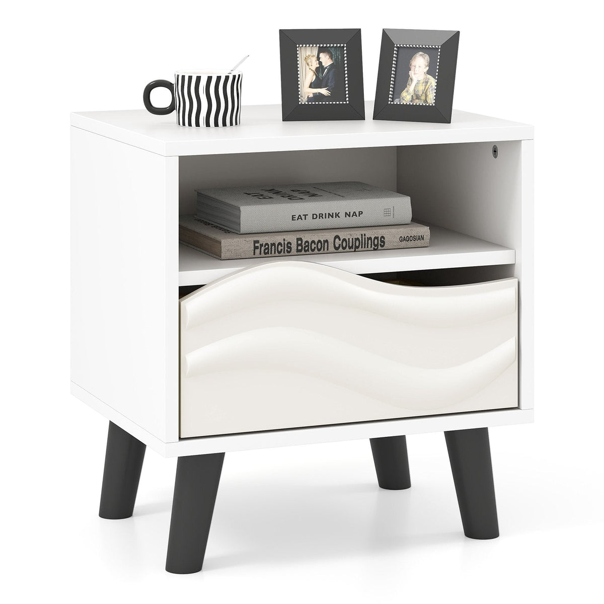 Nightstand with 3D Wavy Pattern and Open Shelf, White