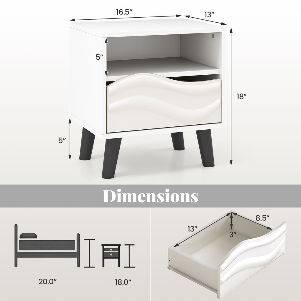 Nightstand with 3D Wavy Pattern and Open Shelf, White