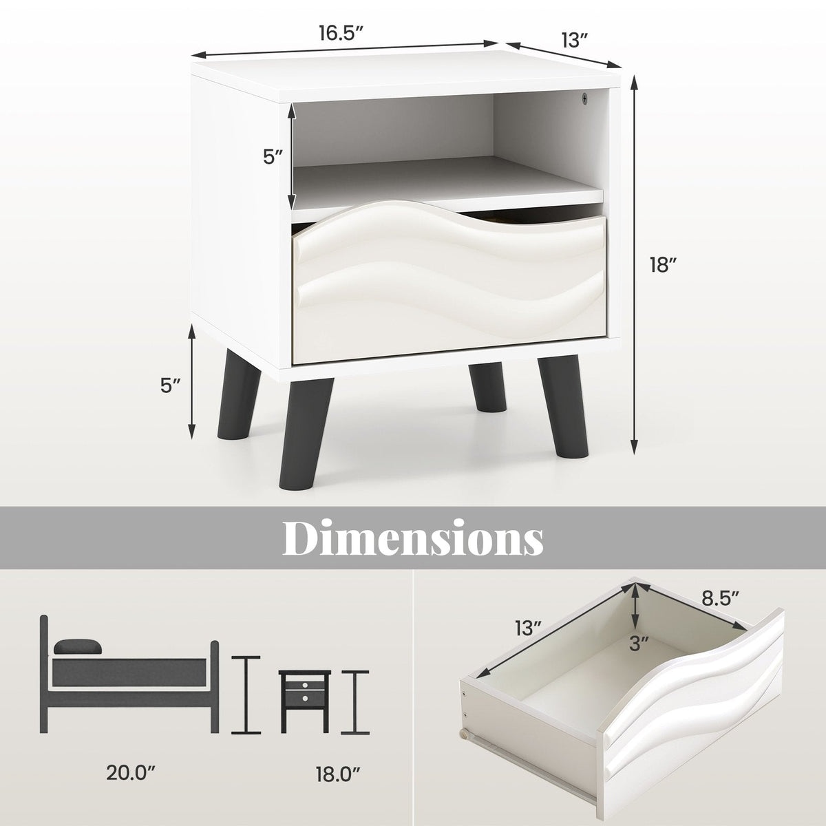 Nightstand with 3D Wavy Pattern and Open Shelf, White