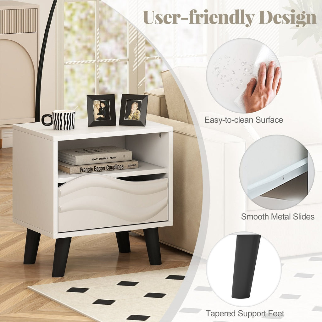 Nightstand with 3D Wavy Pattern and Open Shelf, White