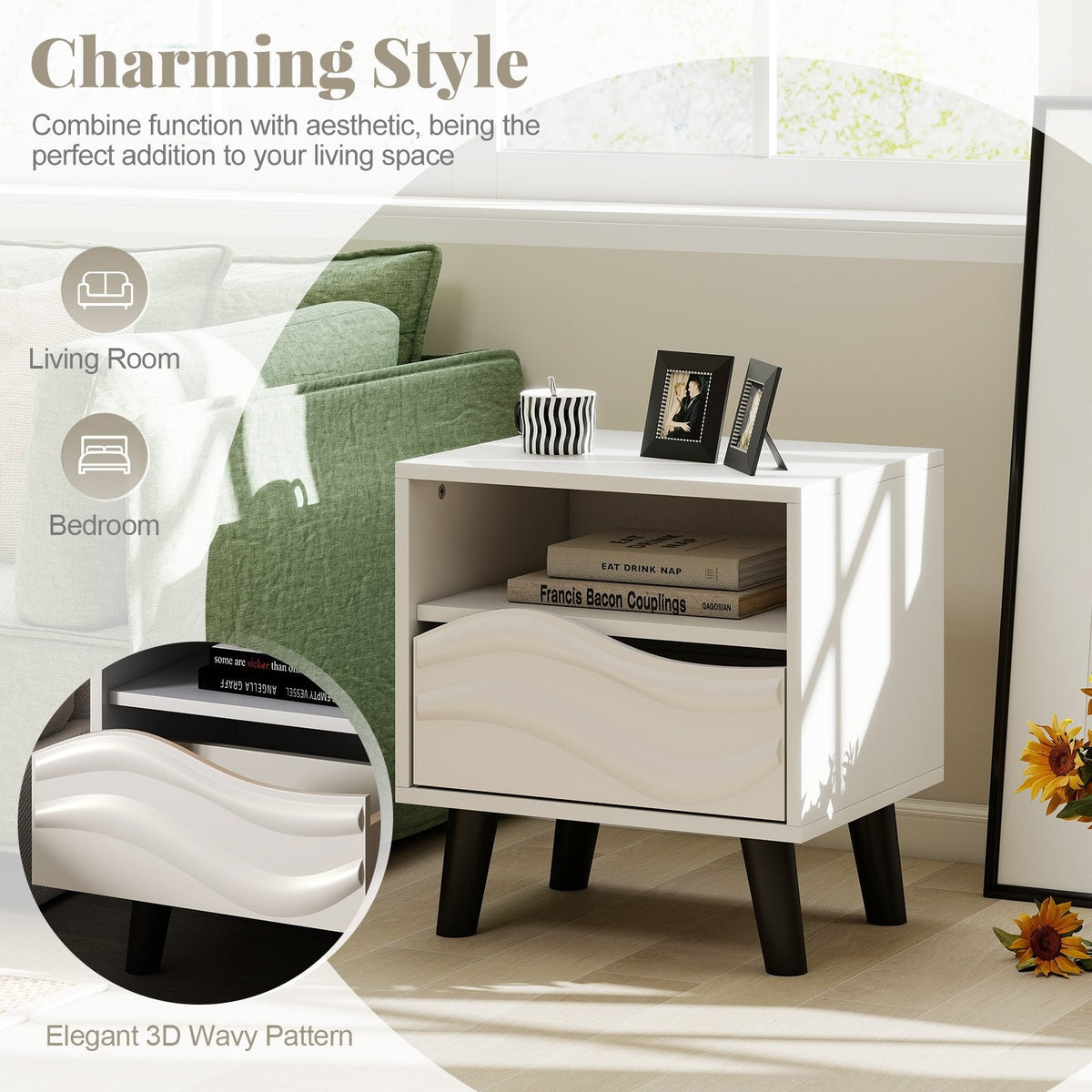 Nightstand with 3D Wavy Pattern and Open Shelf, White