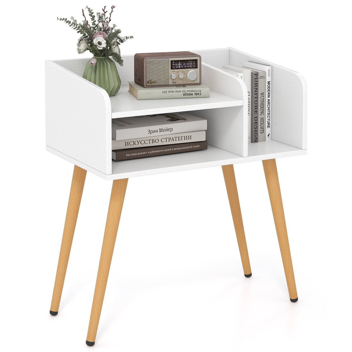 Mid Century Modern Nightstand with Open Shelves, White