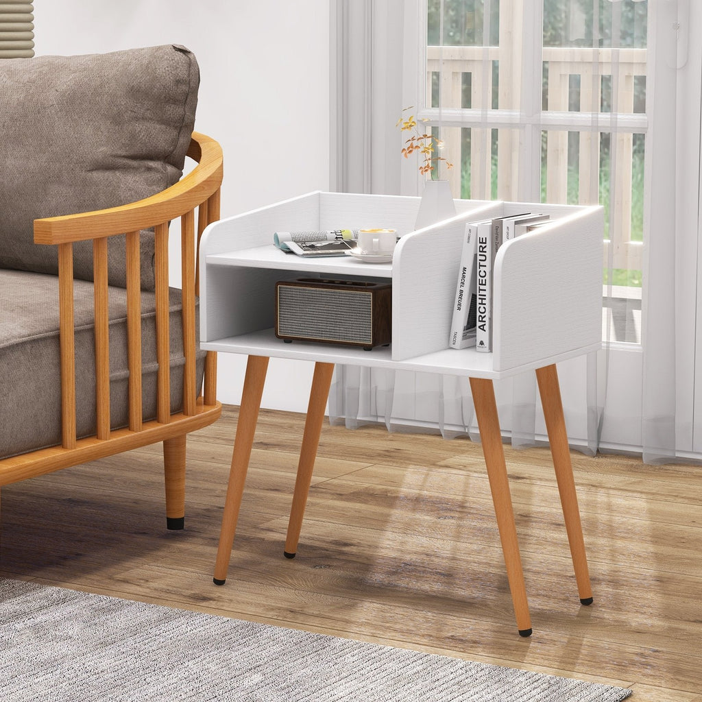 Mid Century Modern Nightstand with Open Shelves, White