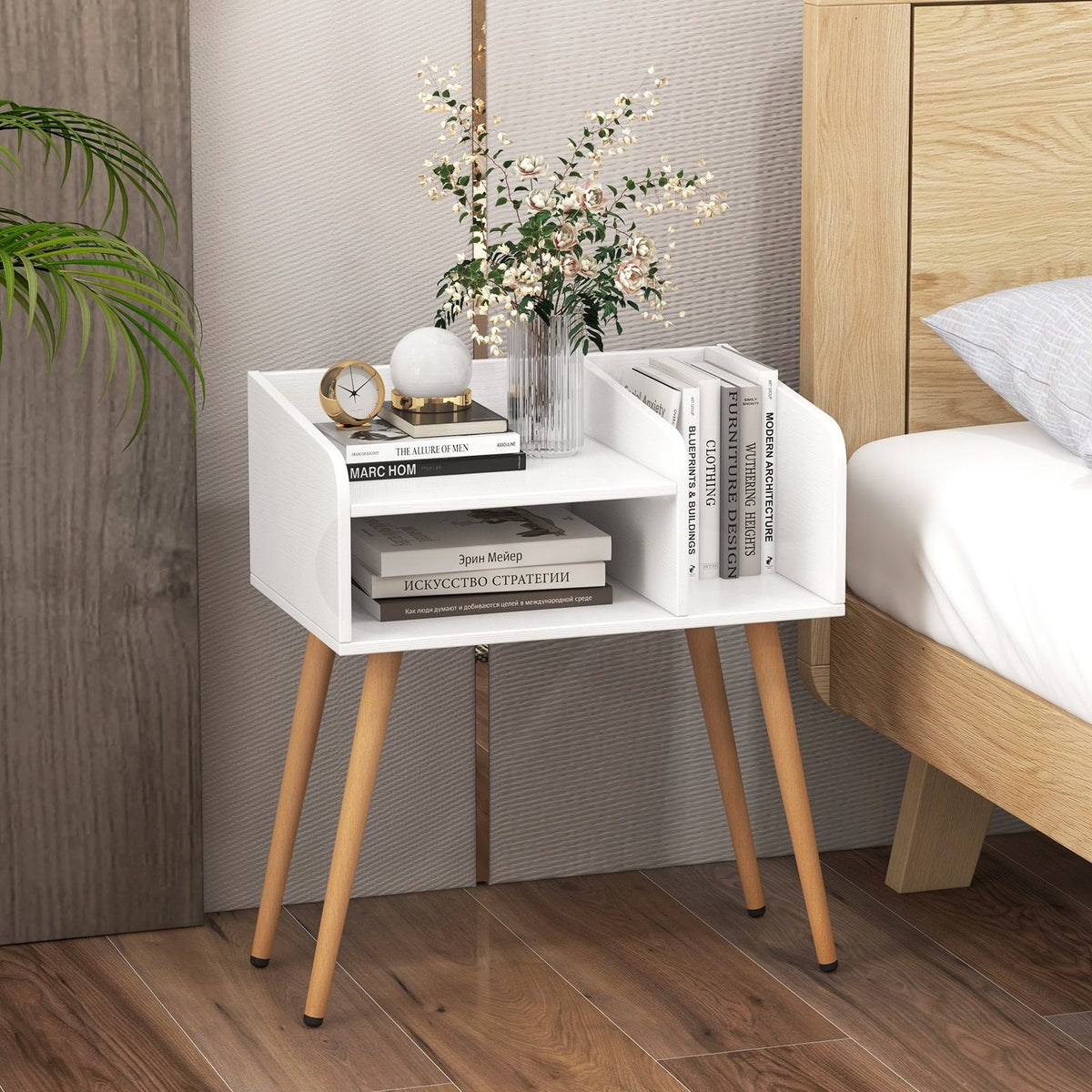 Mid Century Modern Nightstand with Open Shelves, White