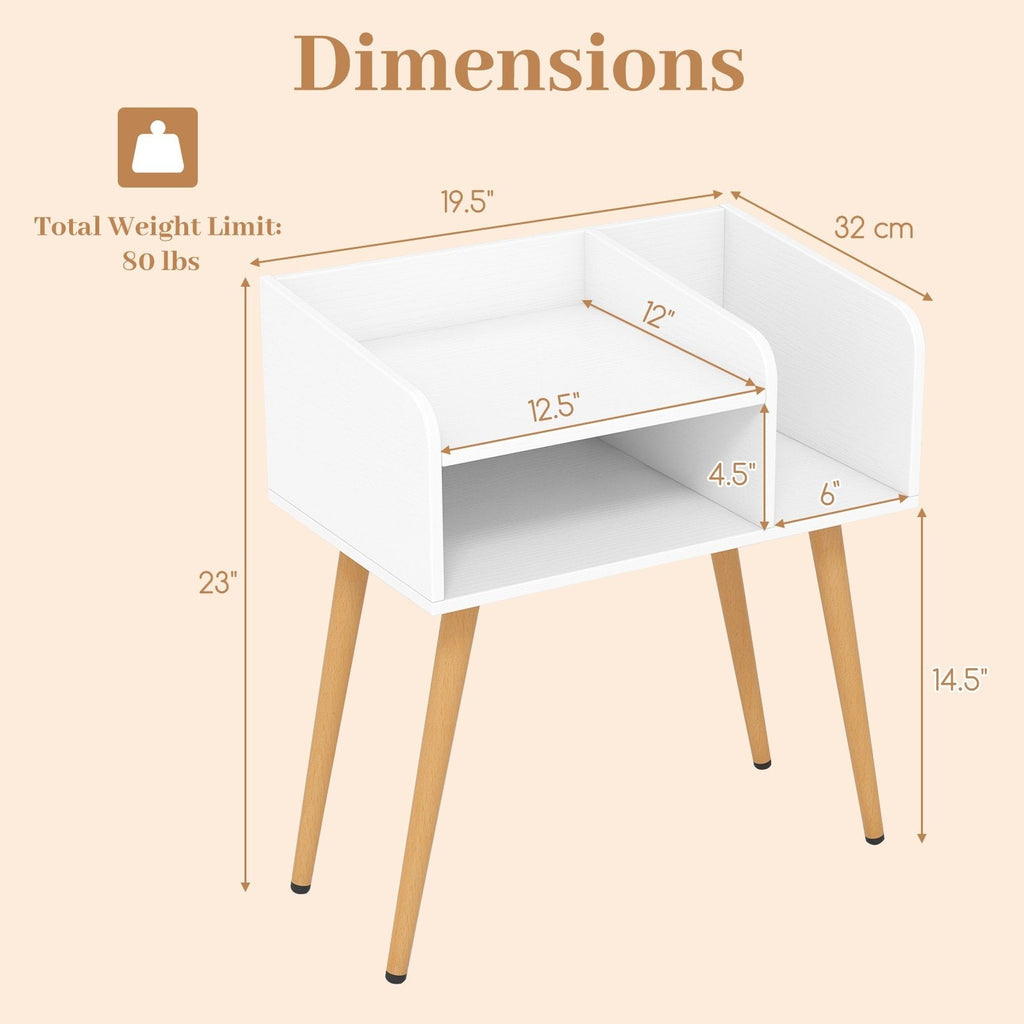 Mid Century Modern Nightstand with Open Shelves, White