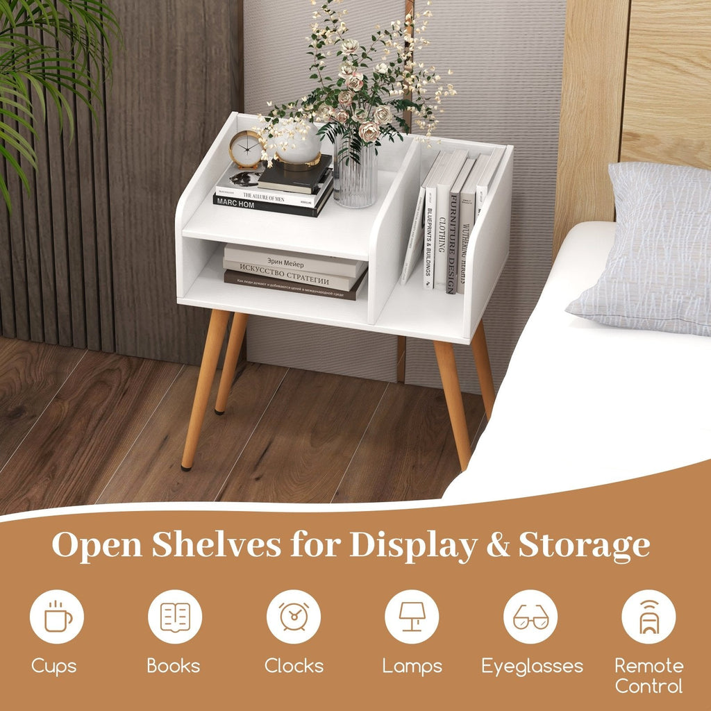 Mid Century Modern Nightstand with Open Shelves, White