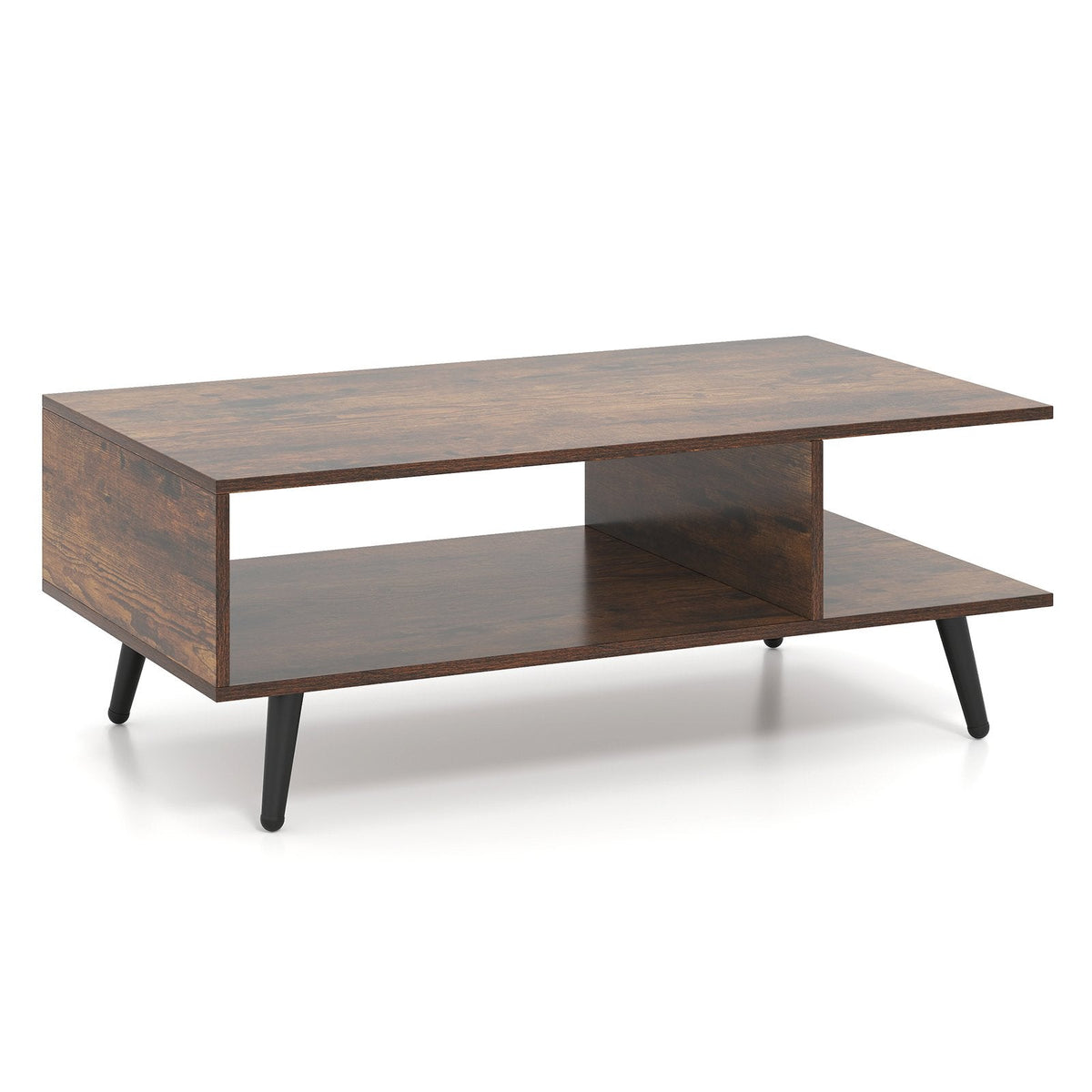Mid Century Modern Rectangle Coffee Table 2-Tier Accent Table with 2 Open Compartments-Rustic Brown