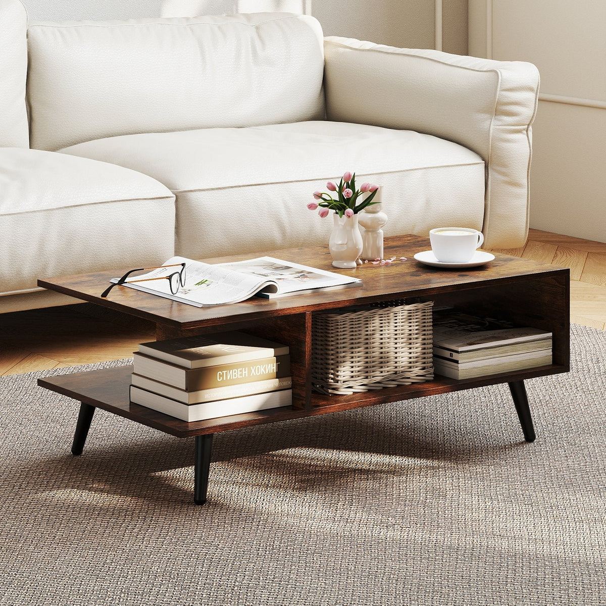 Mid Century Modern Rectangle Coffee Table 2-Tier Accent Table with 2 Open Compartments-Rustic Brown