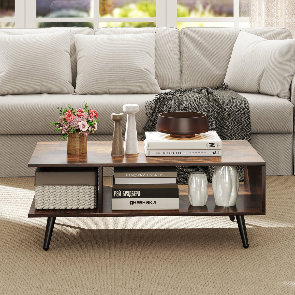Mid Century Modern Rectangle Coffee Table 2-Tier Accent Table with 2 Open Compartments-Rustic Brown