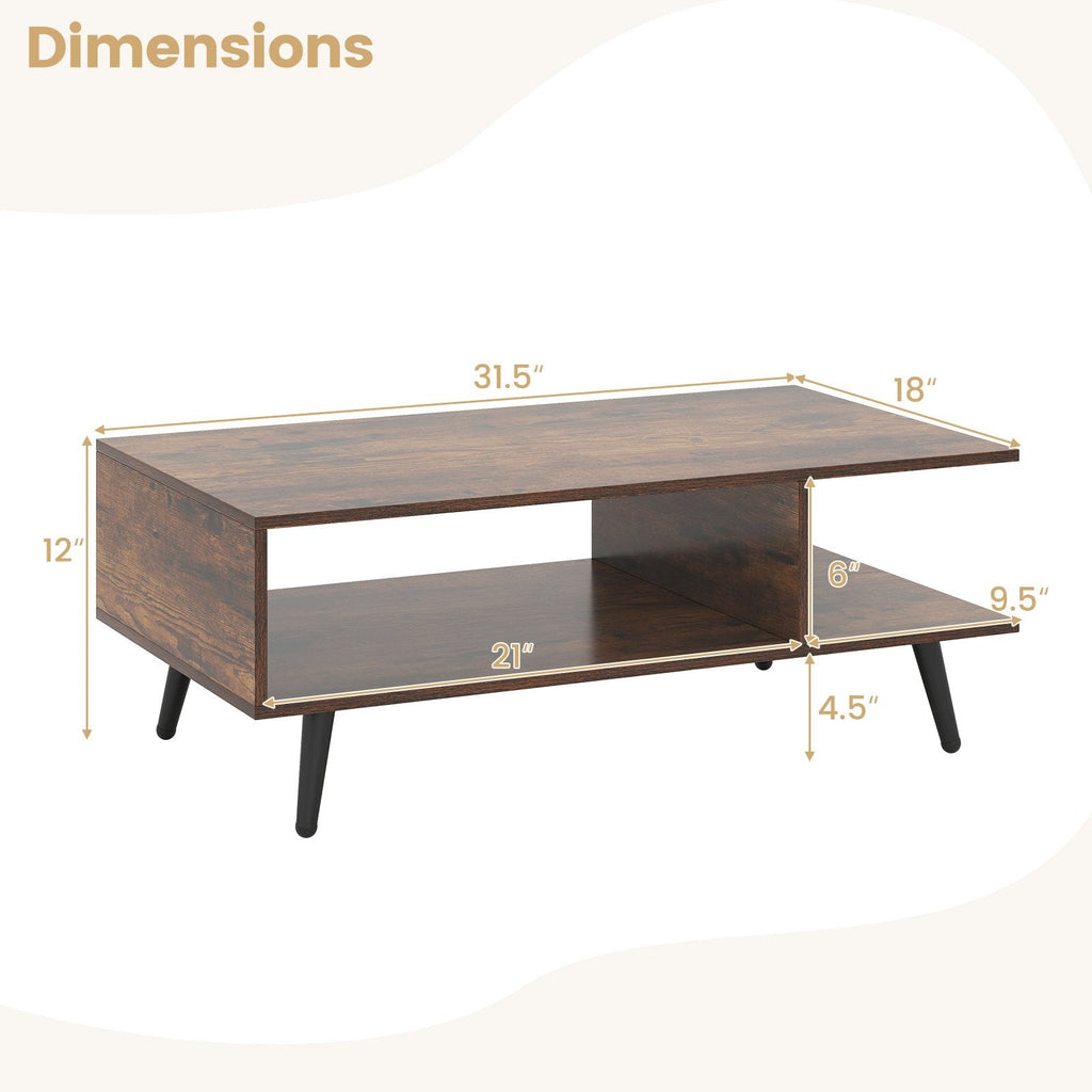 Mid Century Modern Rectangle Coffee Table 2-Tier Accent Table with 2 Open Compartments-Rustic Brown