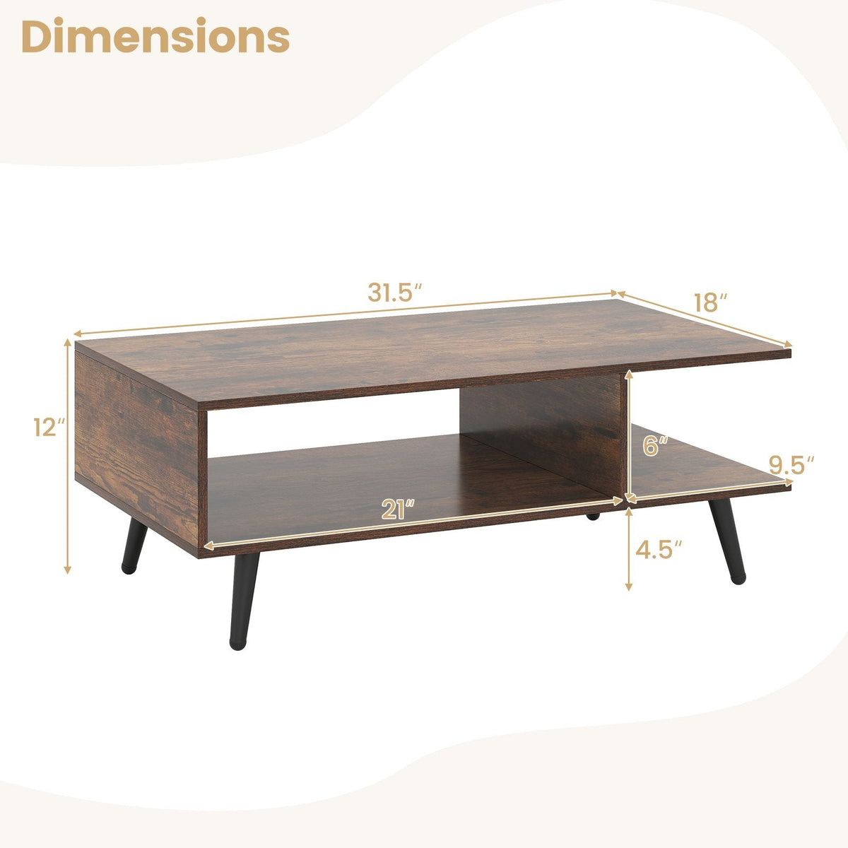 Mid Century Modern Rectangle Coffee Table 2-Tier Accent Table with 2 Open Compartments-Rustic Brown
