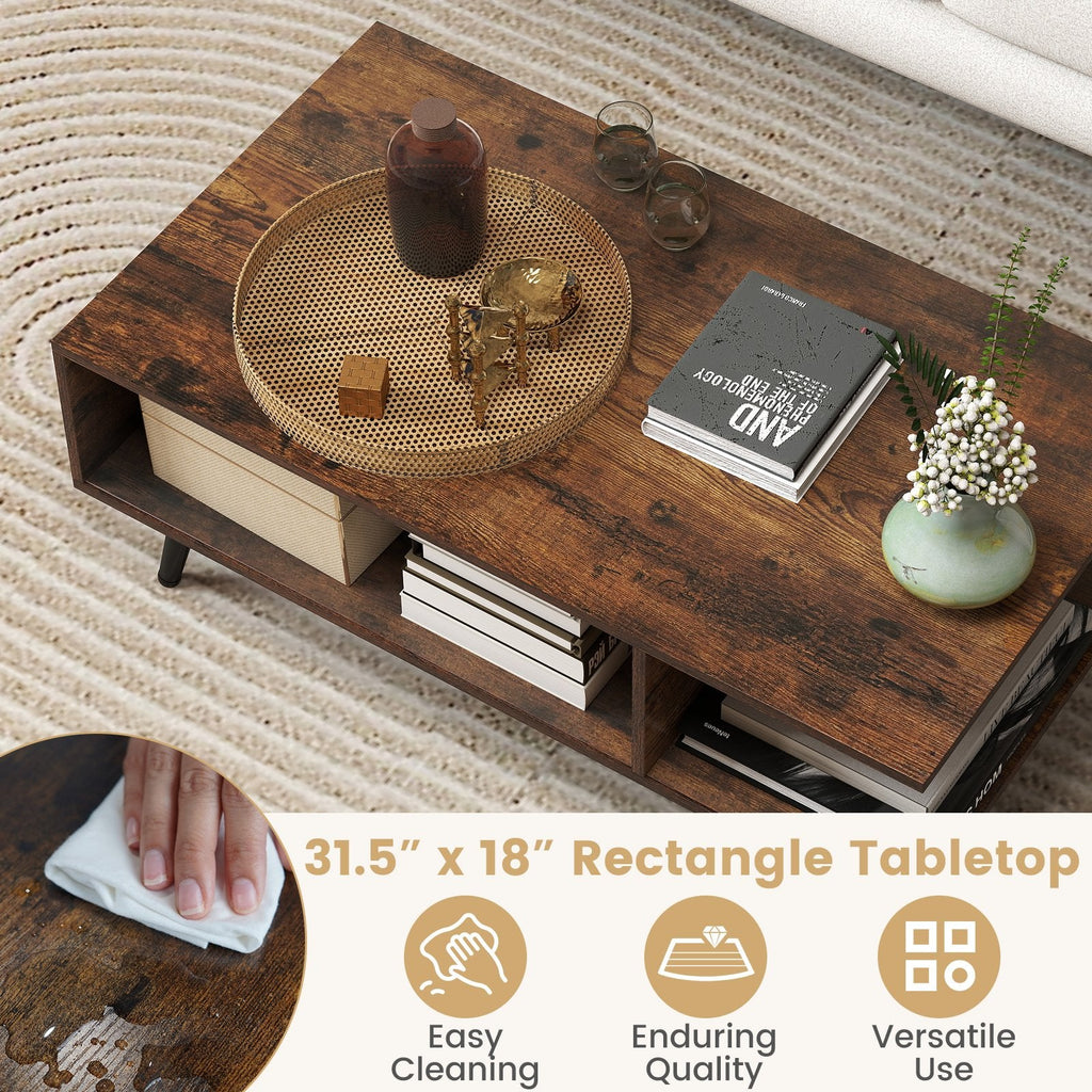 Mid Century Modern Rectangle Coffee Table 2-Tier Accent Table with 2 Open Compartments-Rustic Brown