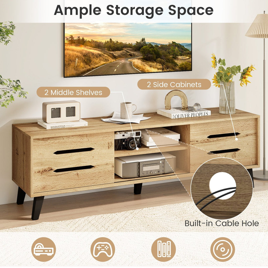 Mid Century Modern TV Stand with Sliding Doors and Cable Hole for 65 Inch TVs-Natural
