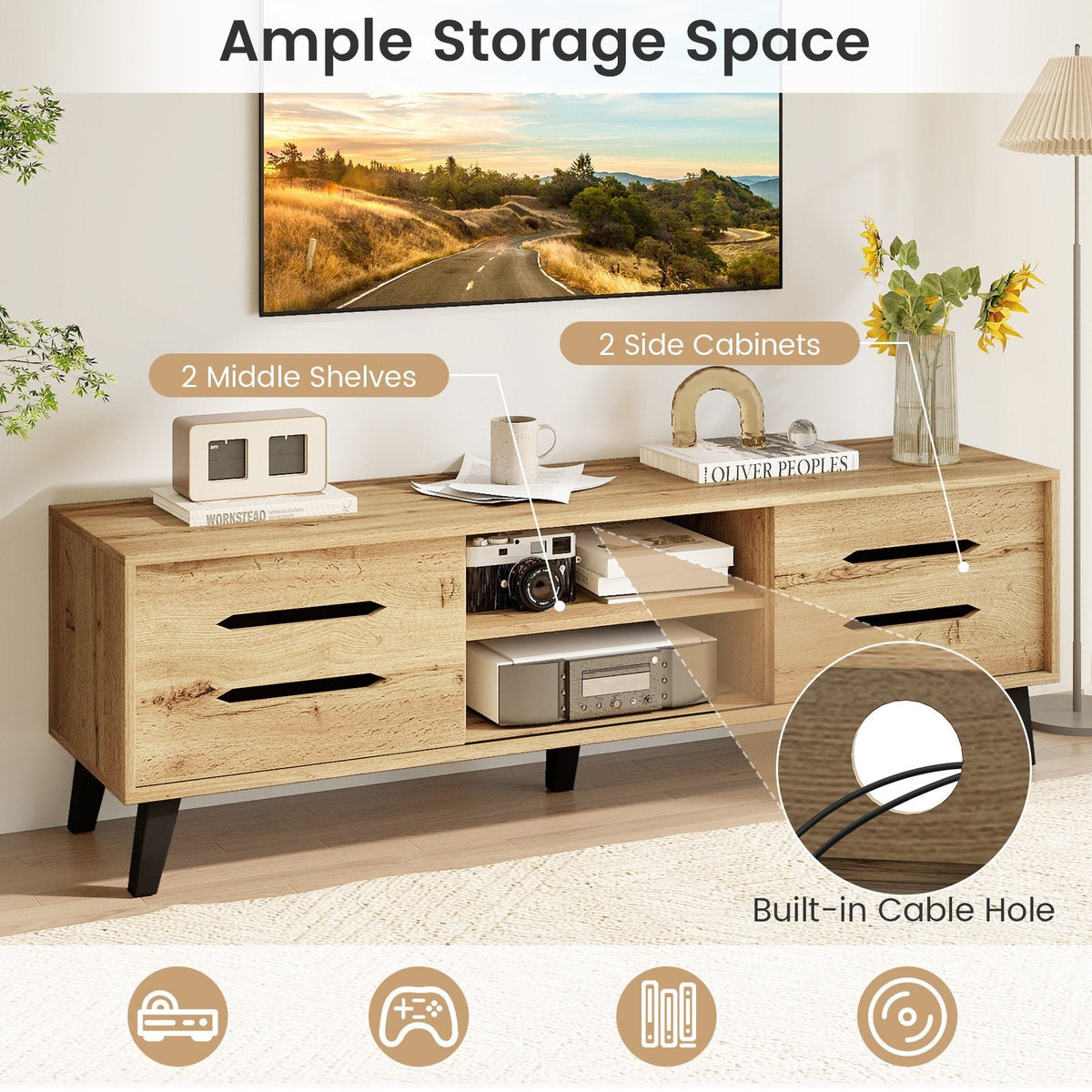 Mid Century Modern TV Stand with Sliding Doors and Cable Hole for 65 Inch TVs-Natural