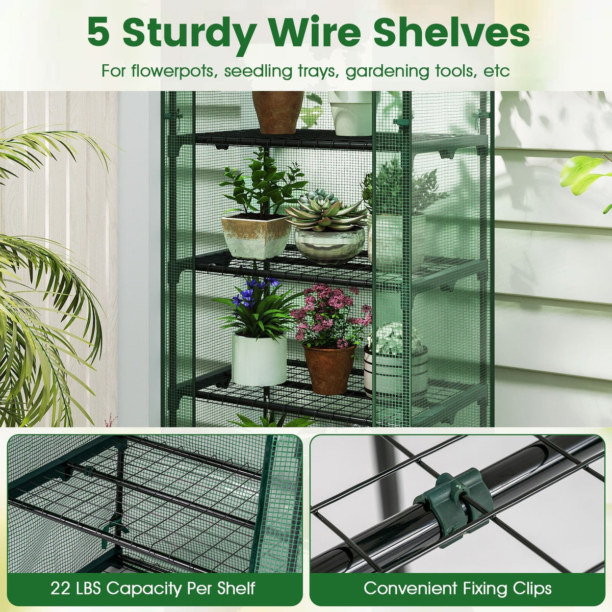Mini Greenhouse Portable Plant Grow House with 5 Tier Shelves-Green