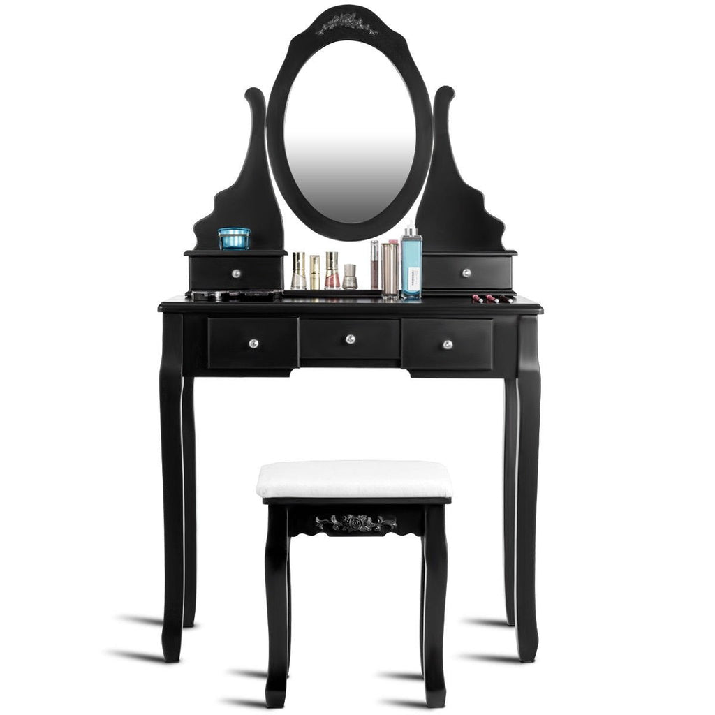 Wooden Vanity Set with 360° Rotating Oval Mirror and Cushioned Stool-Black