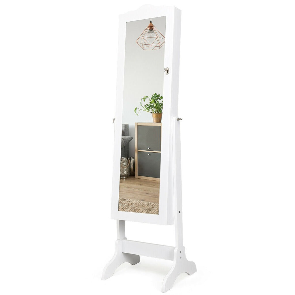 Mirrored Lockable Jewelry Cabinet Armoire Organizer Storage Box-White