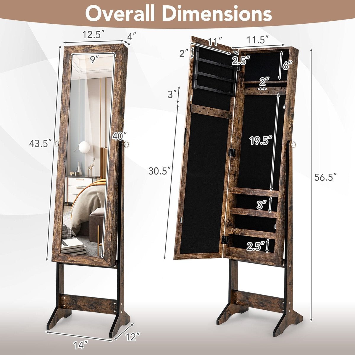Mirrored Standing Jewelry Cabinet Storage Box-Brown