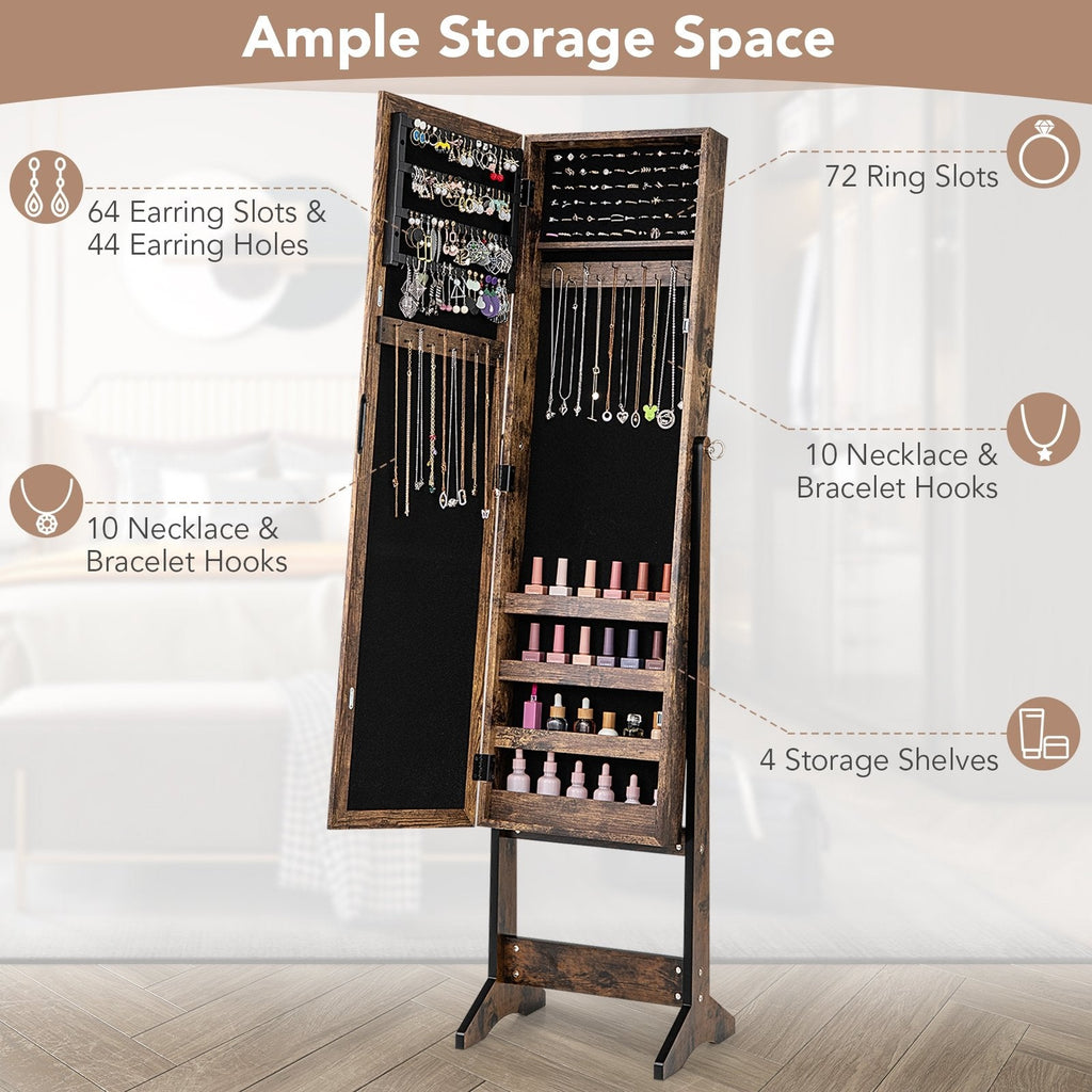 Mirrored Standing Jewelry Cabinet Storage Box-Brown