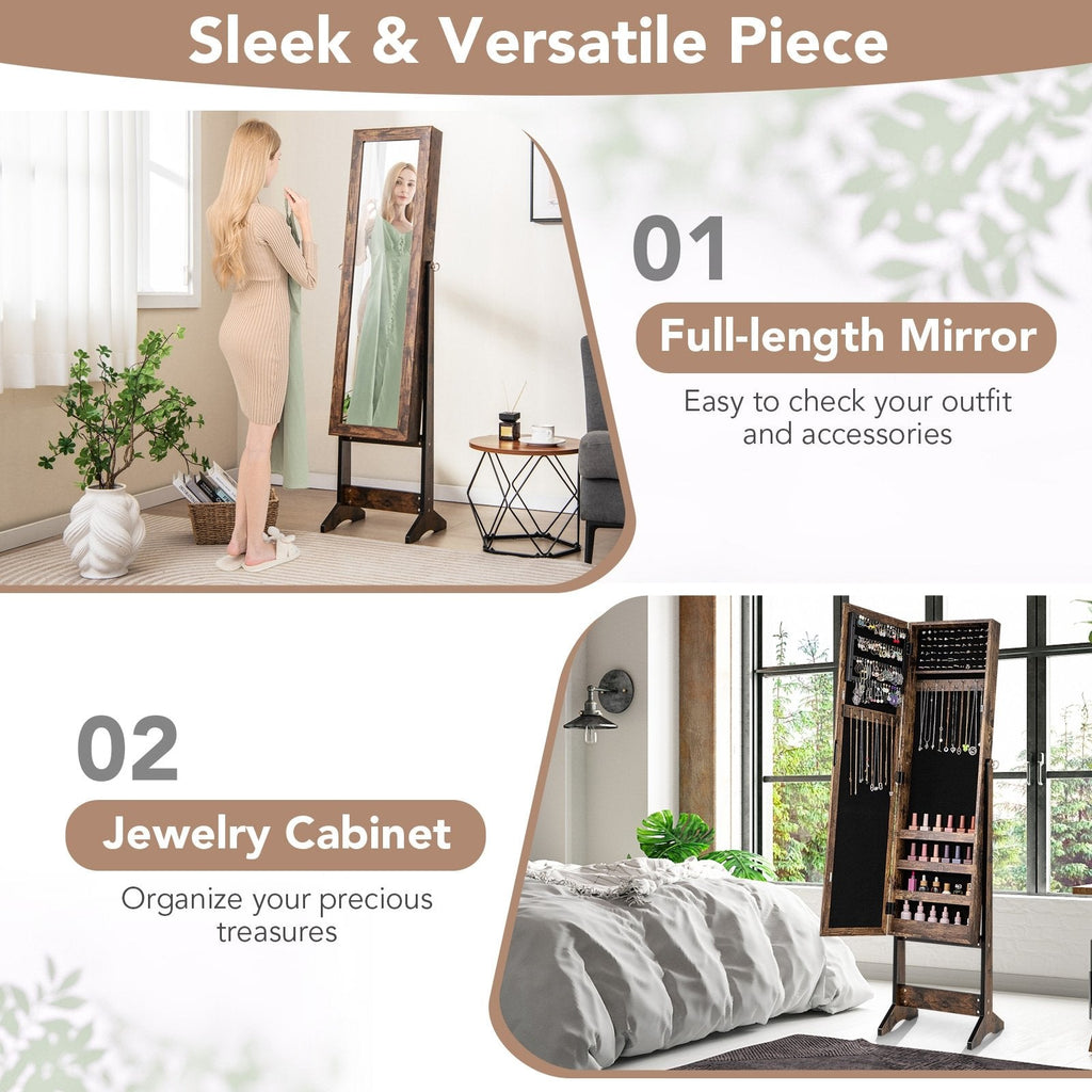 Mirrored Standing Jewelry Cabinet Storage Box-Brown