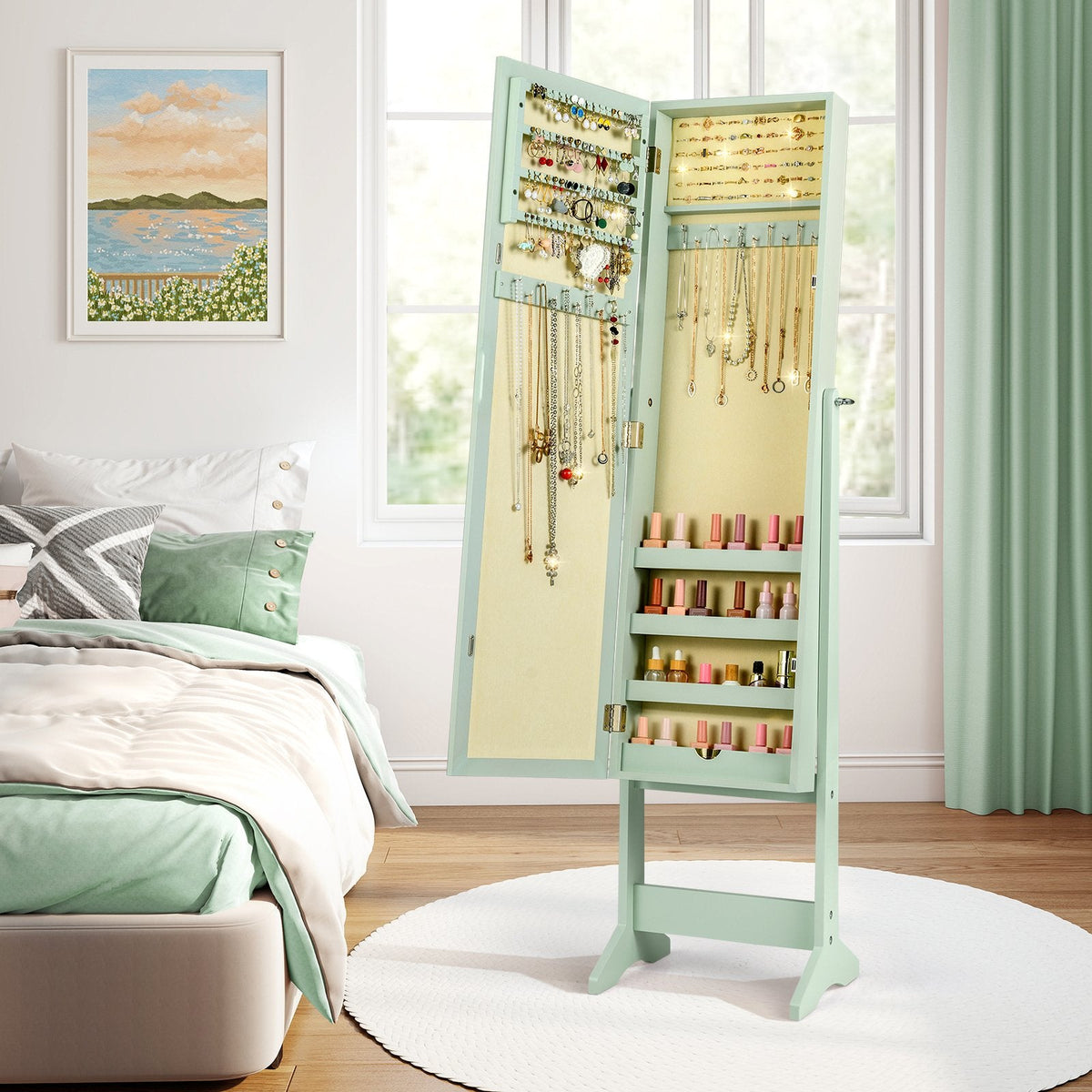 Mirrored Standing Jewelry Cabinet Storage Box-Green