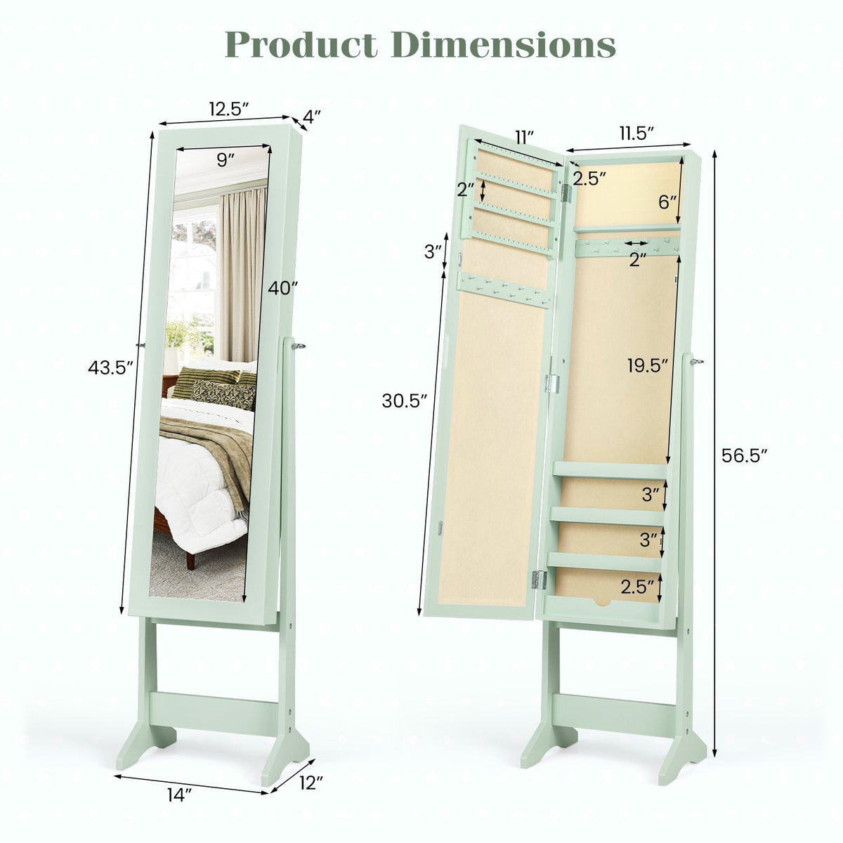 Mirrored Standing Jewelry Cabinet Storage Box-Green