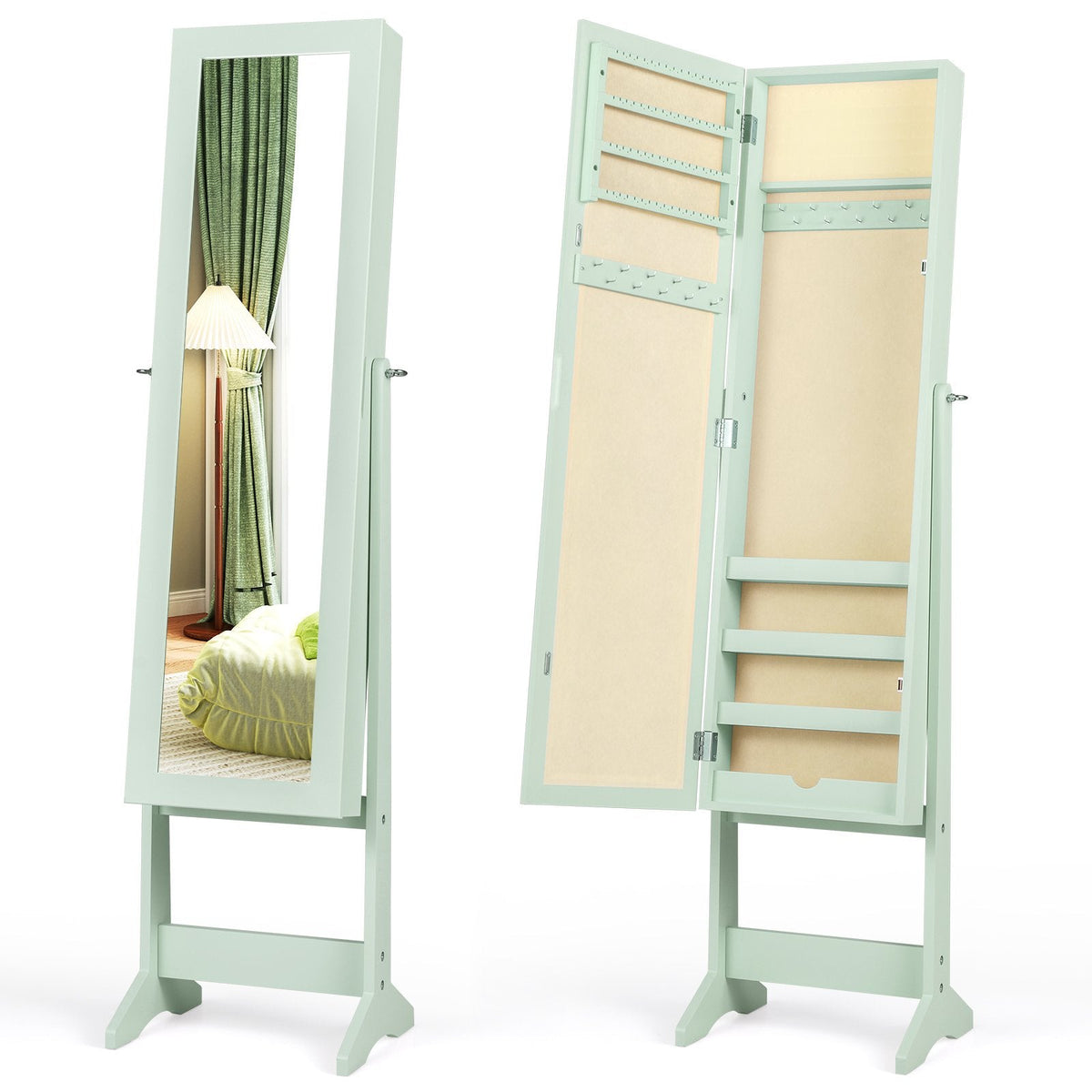 Mirrored Standing Jewelry Cabinet Storage Box-Green