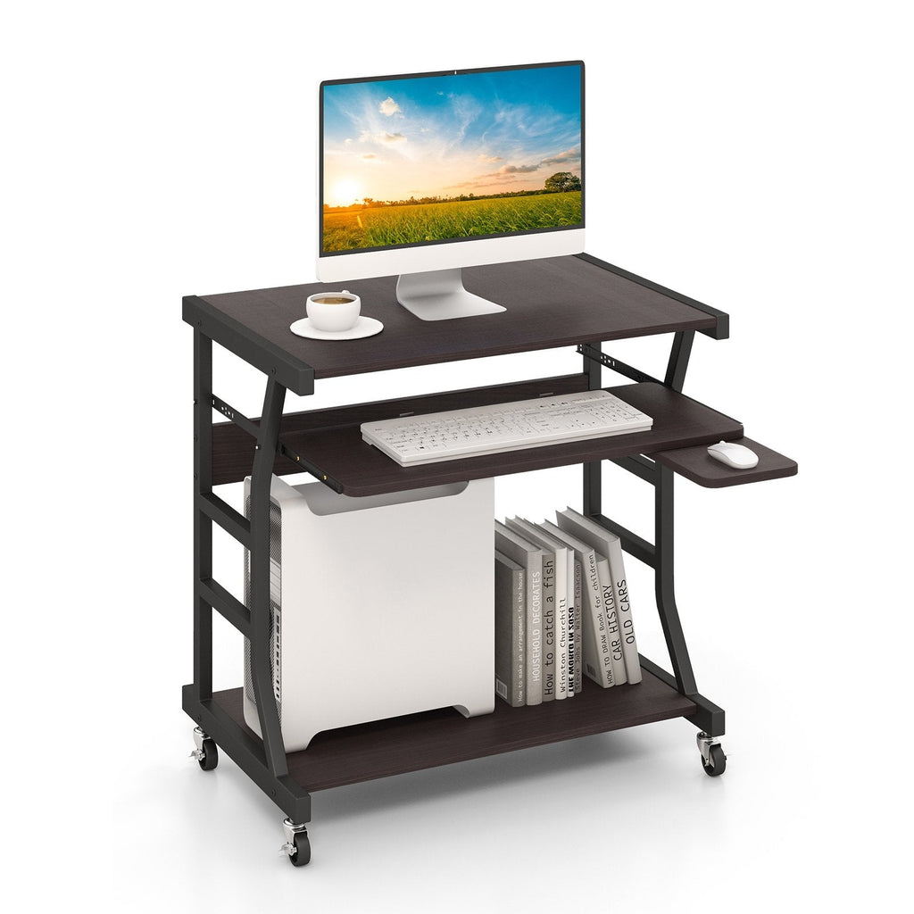 Mobile Computer Desk with Keyboard Tray Mouse Tray and Shelf-Dark Brown