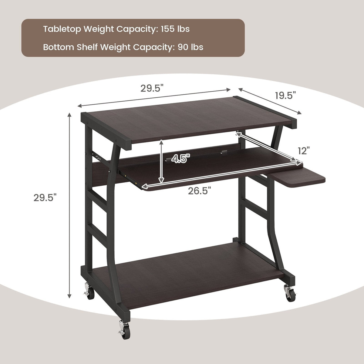 Mobile Computer Desk with Keyboard Tray Mouse Tray and Shelf-Dark Brown