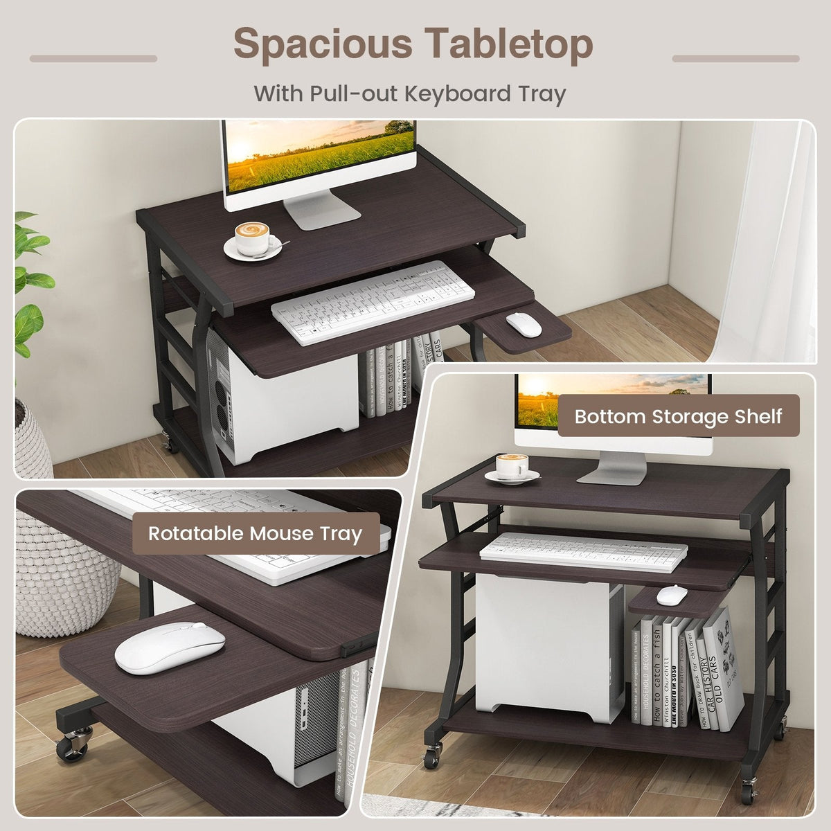 Mobile Computer Desk with Keyboard Tray Mouse Tray and Shelf-Dark Brown