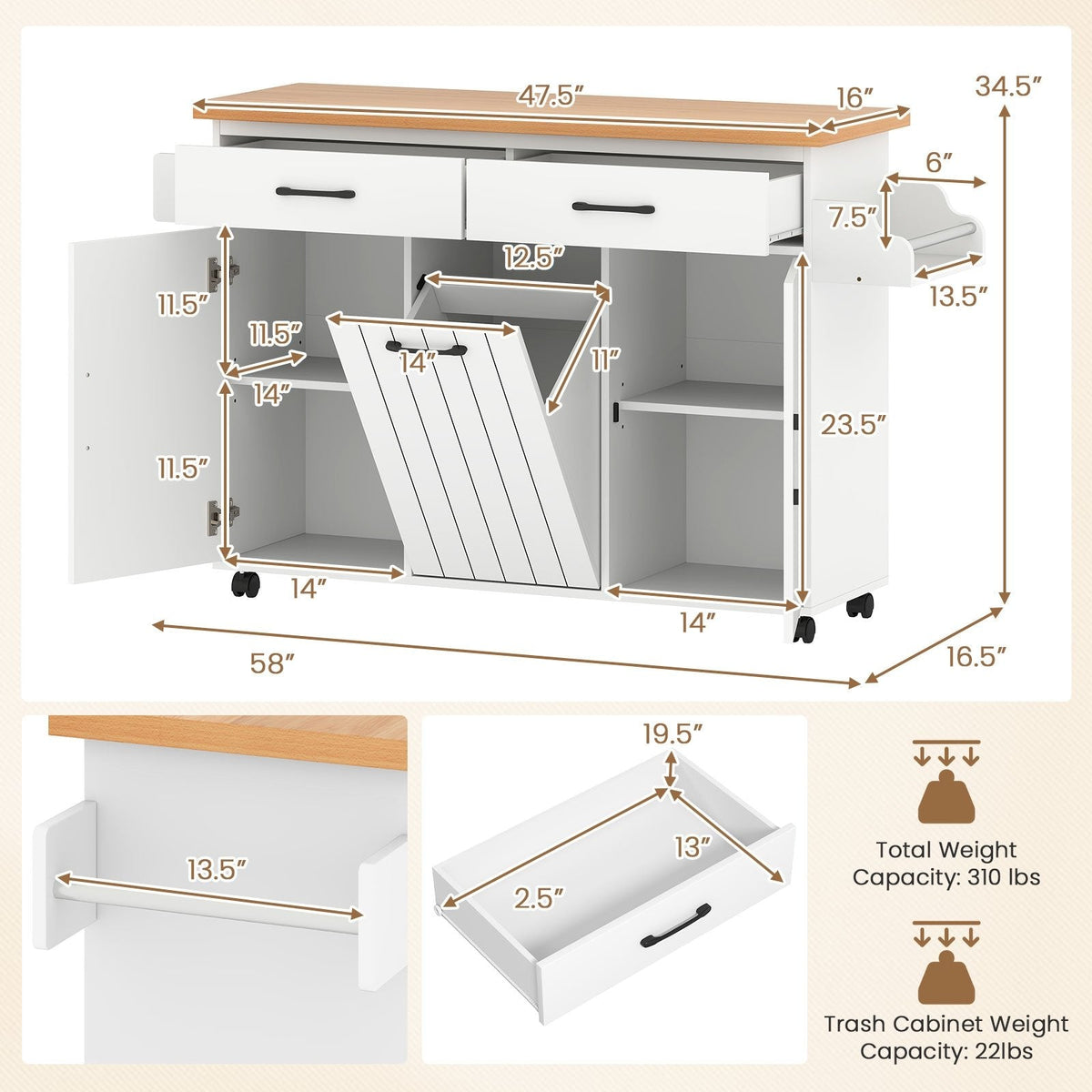 Mobile Kitchen Island Table with Trash Bag Storage for Dining Room-White