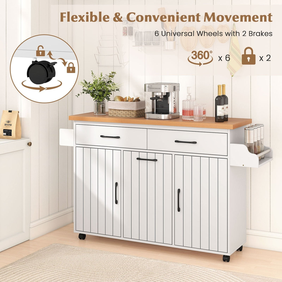 Mobile Kitchen Island Table with Trash Bag Storage for Dining Room-White