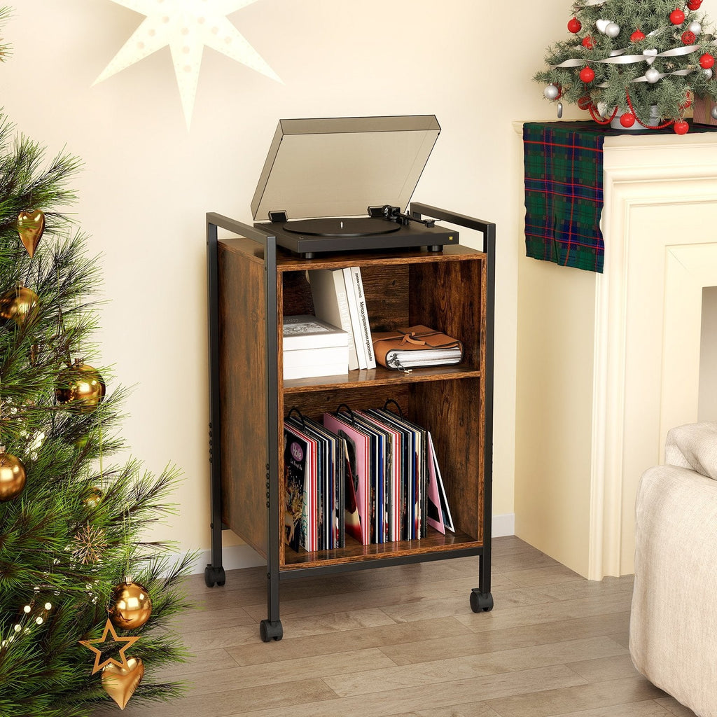 Mobile Record Player Stand with Power Outlet-Rustic Brown