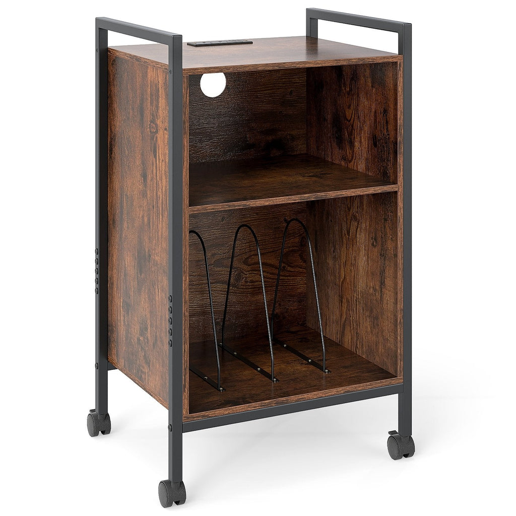 Mobile Record Player Stand with Power Outlet-Rustic Brown