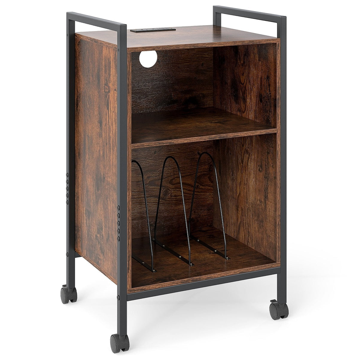Mobile Record Player Stand with Power Outlet-Rustic Brown