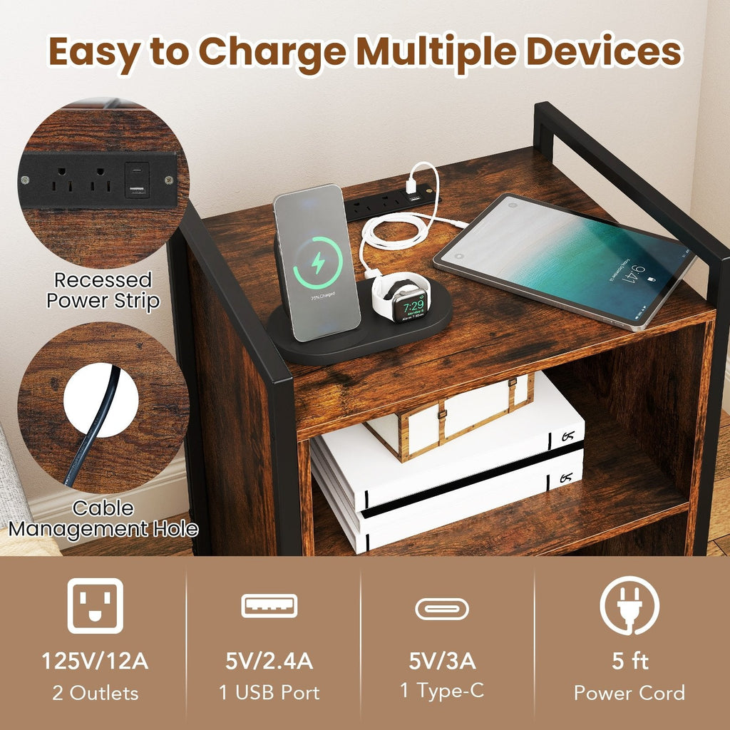 Mobile Record Player Stand with Power Outlet-Rustic Brown