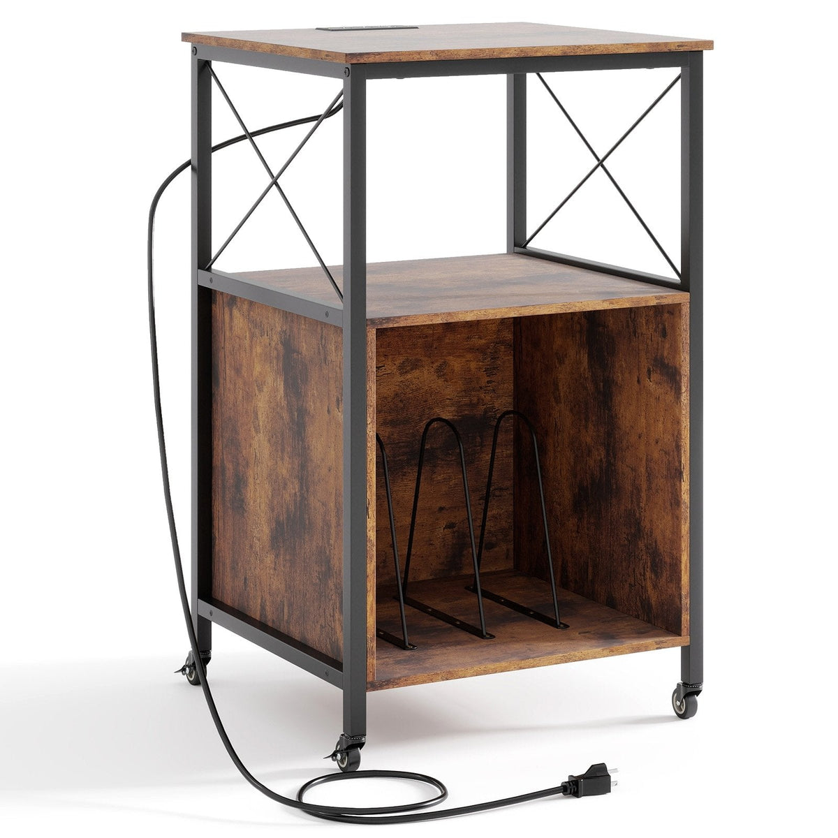 Mobile Record Player Stand with Power Outlet with Open Shelf and Dividers-Rustic Brown