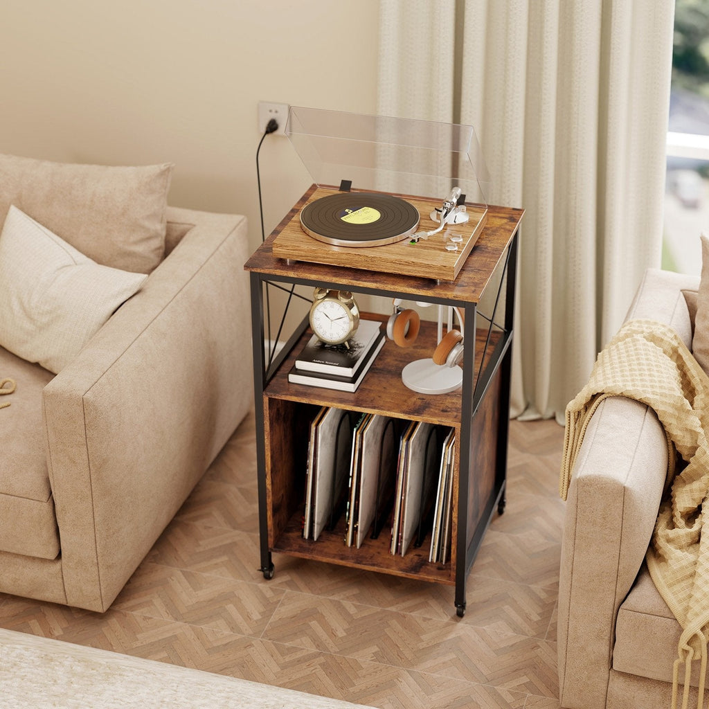 Mobile Record Player Stand with Power Outlet with Open Shelf and Dividers-Rustic Brown