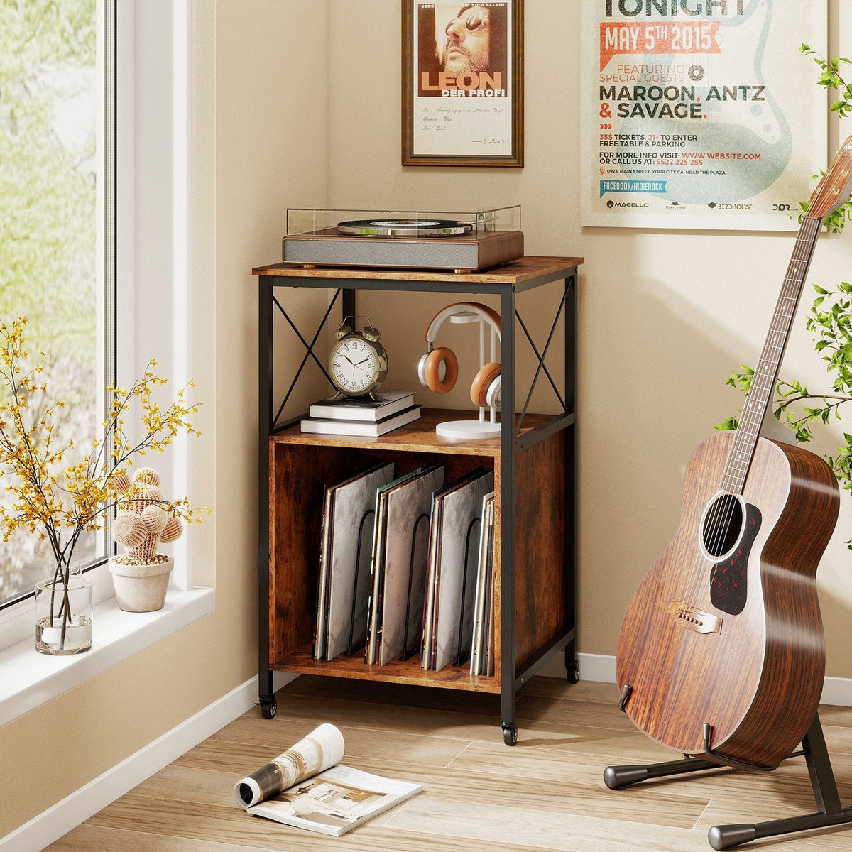 Mobile Record Player Stand with Power Outlet with Open Shelf and Dividers-Rustic Brown