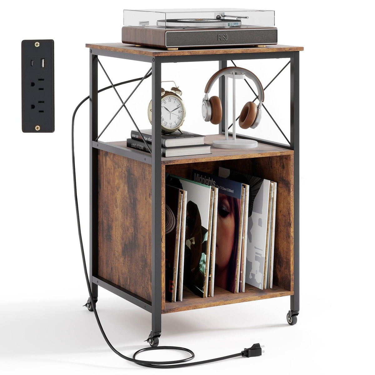 Mobile Record Player Stand with Power Outlet with Open Shelf and Dividers-Rustic Brown