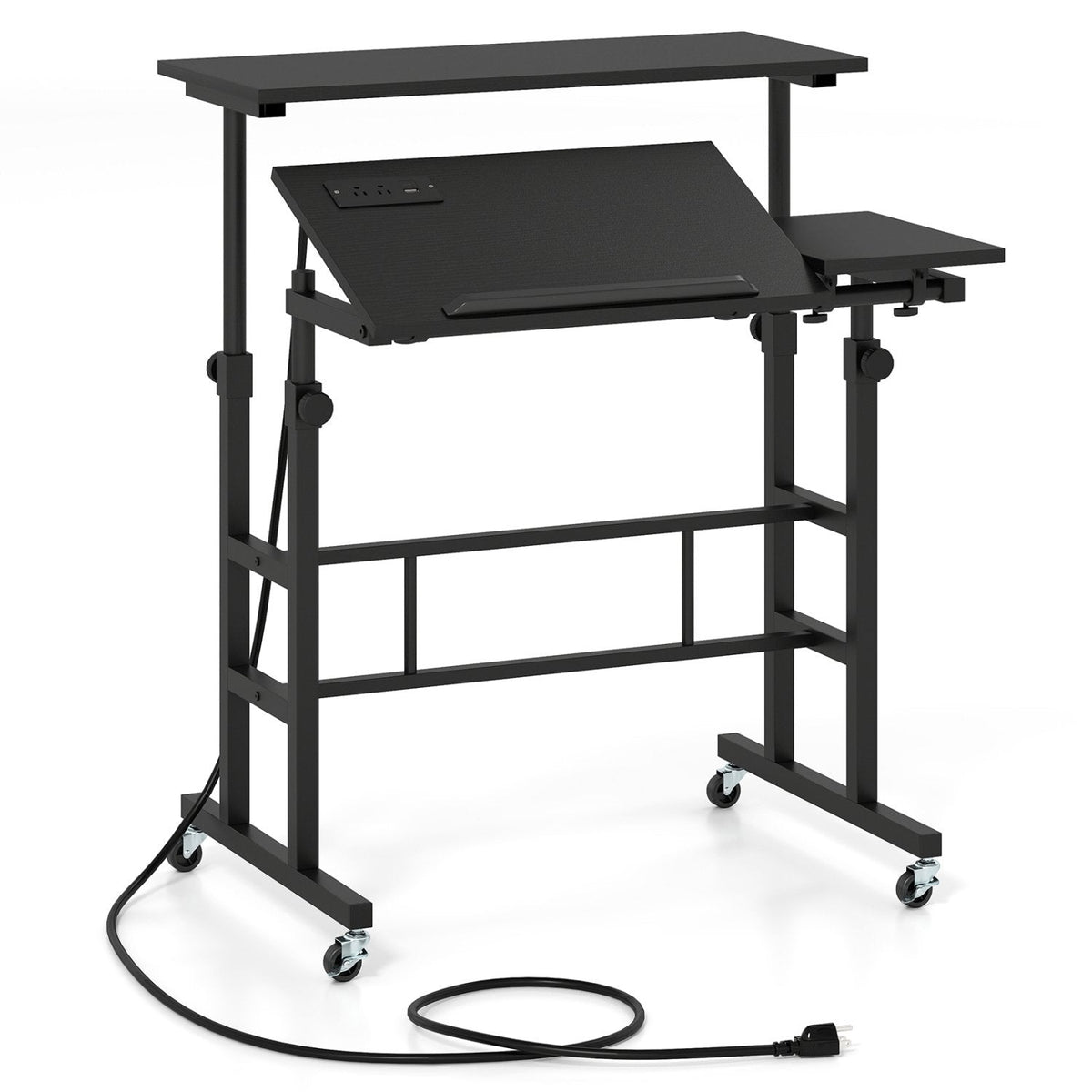Mobile Stand-up Computer Desk Adjustable with 2 Tilting Desktops-Black