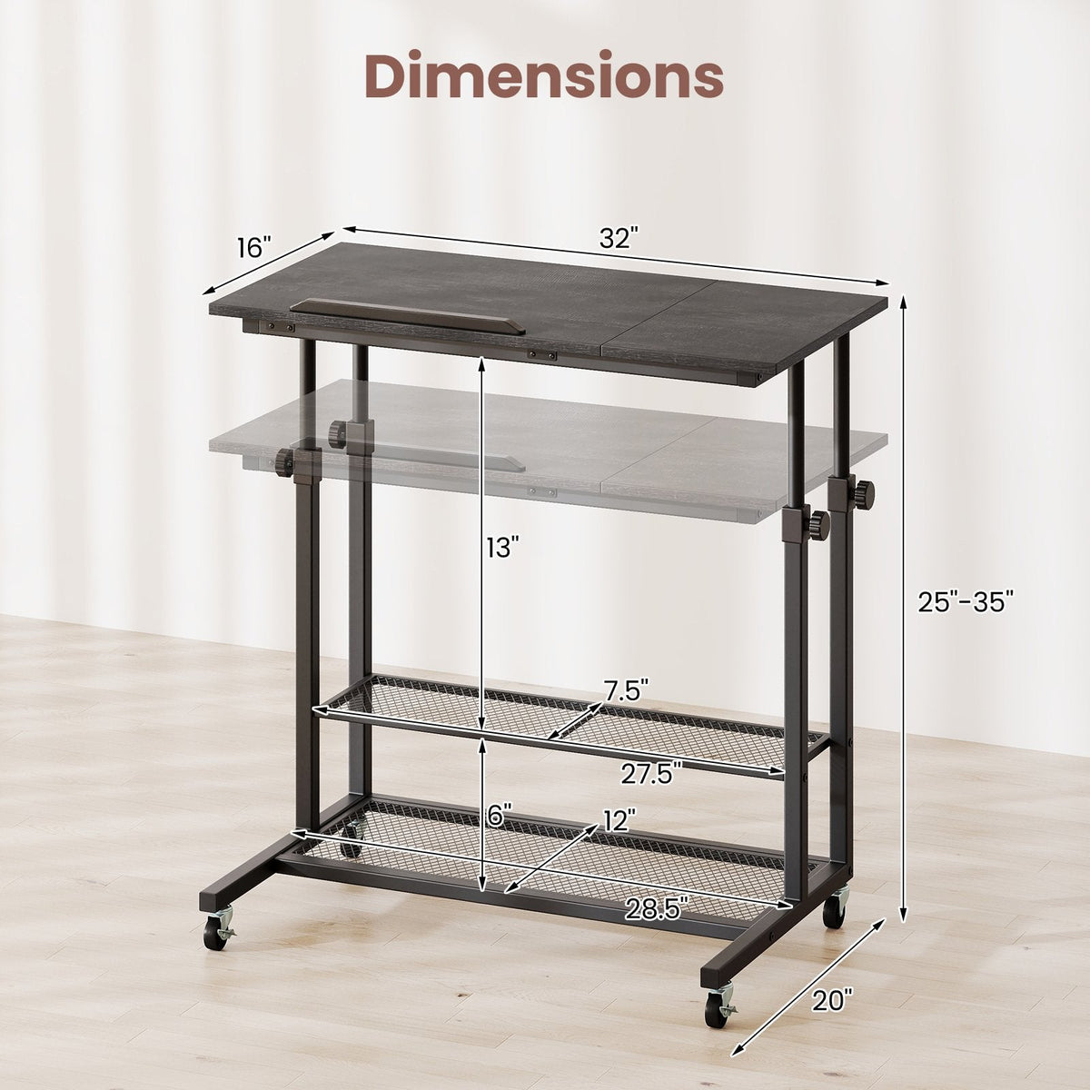 Mobile Stand up Desk Height Adjustable Standing Table with Tilting Tabletop-Oak