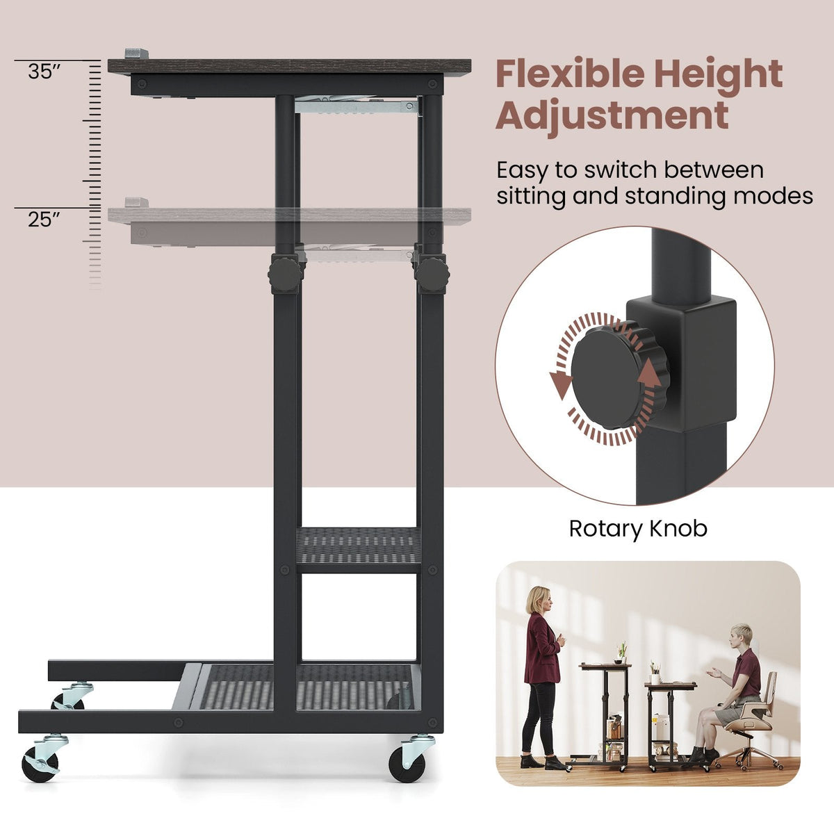 Mobile Stand up Desk Height Adjustable Standing Table with Tilting Tabletop-Oak