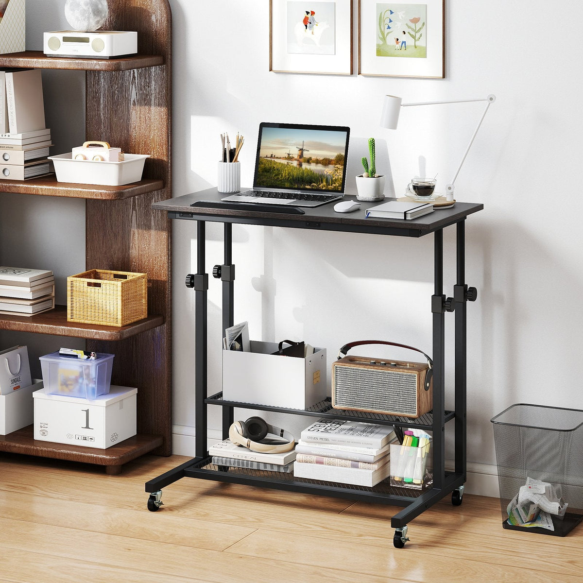 Mobile Stand up Desk Height Adjustable Standing Table with Tilting Tabletop-Oak