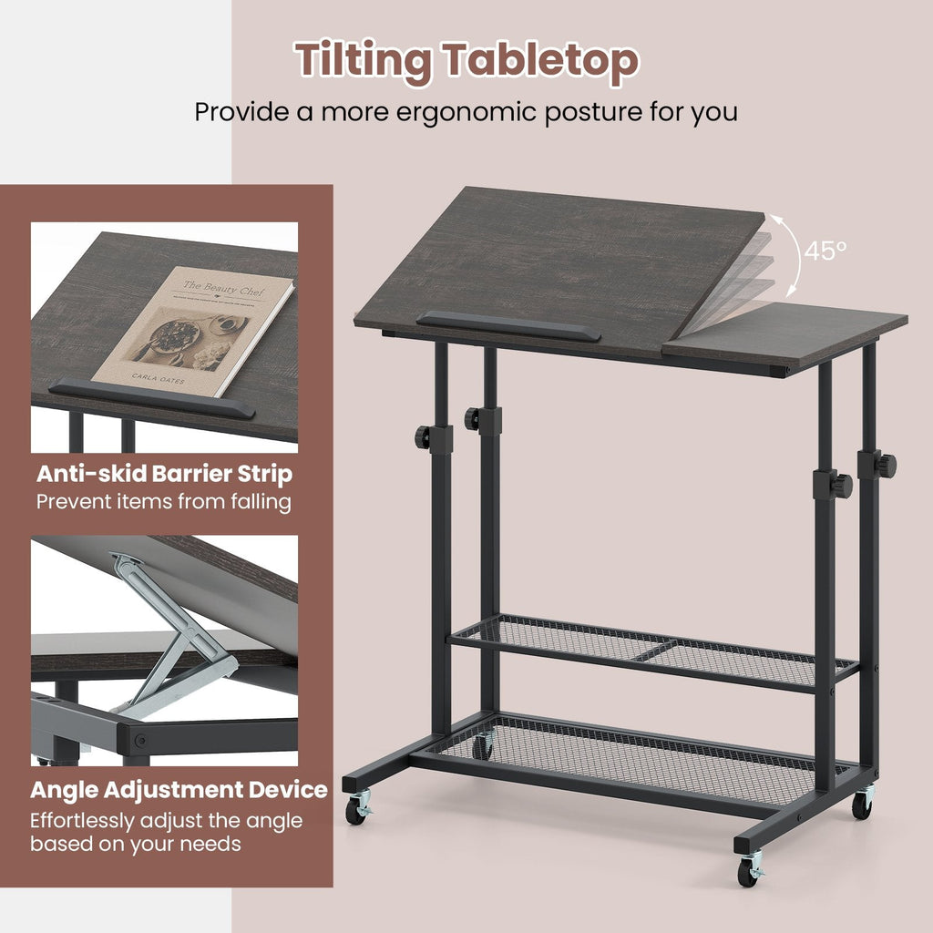 Mobile Stand up Desk Height Adjustable Standing Table with Tilting Tabletop-Oak
