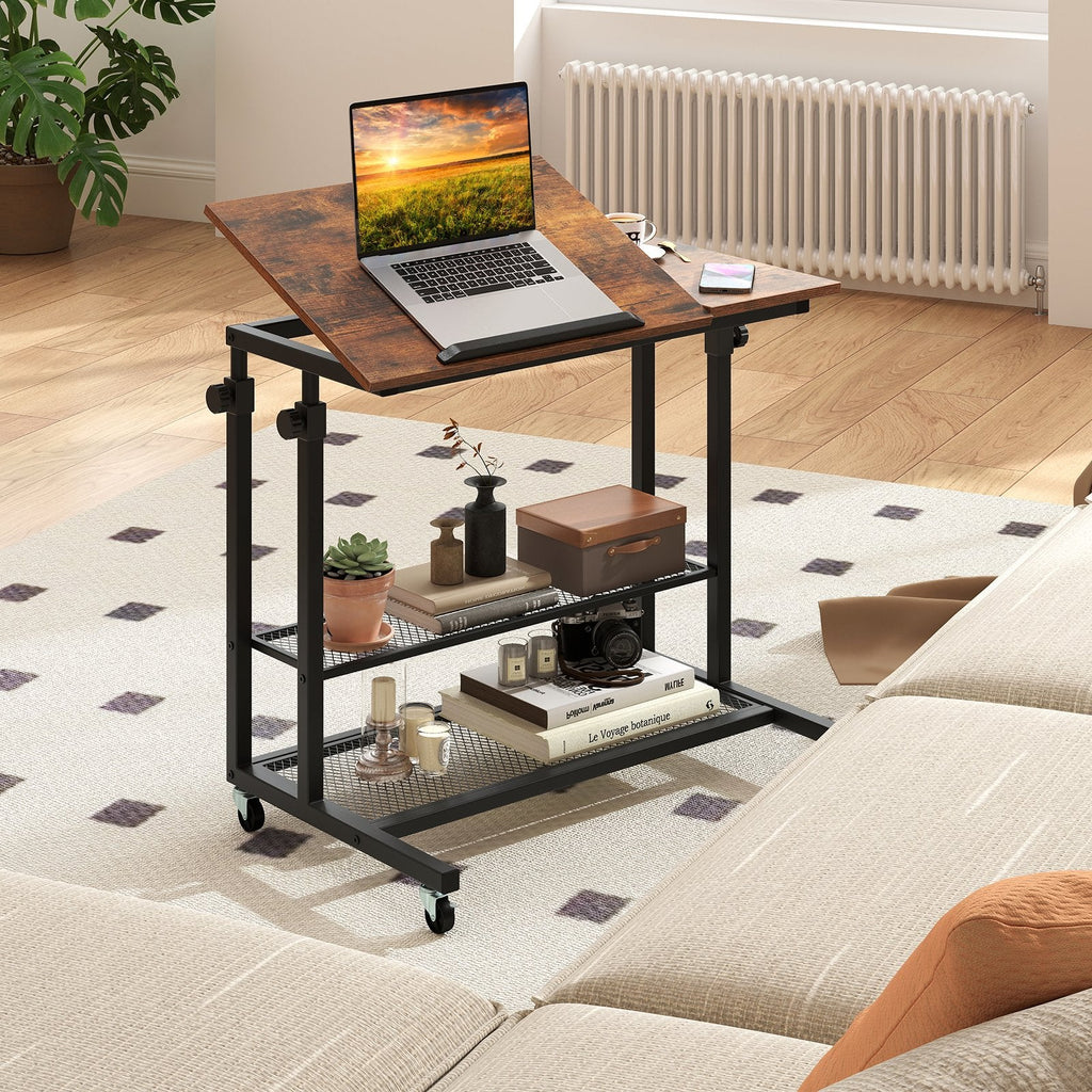 Mobile Stand up Desk Height Adjustable Standing Table with Tilting Tabletop-Rustic Brown