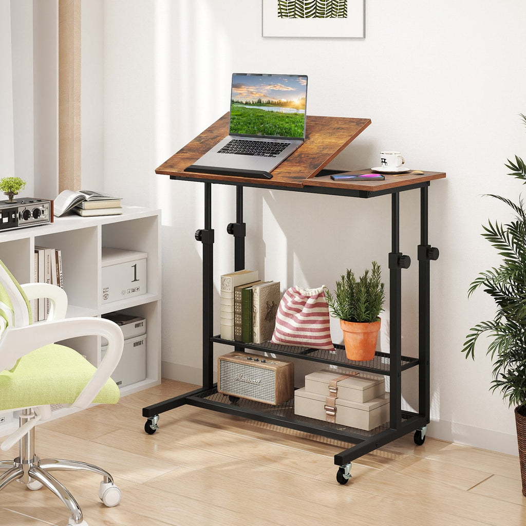 Mobile Stand up Desk Height Adjustable Standing Table with Tilting Tabletop-Rustic Brown