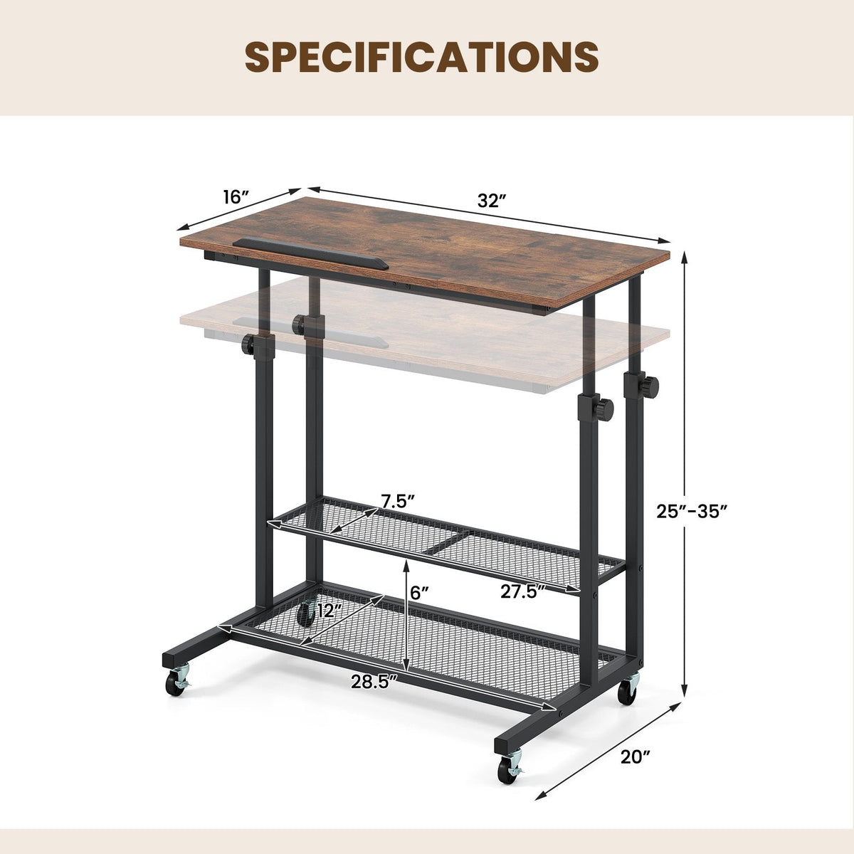 Mobile Stand up Desk Height Adjustable Standing Table with Tilting Tabletop-Rustic Brown