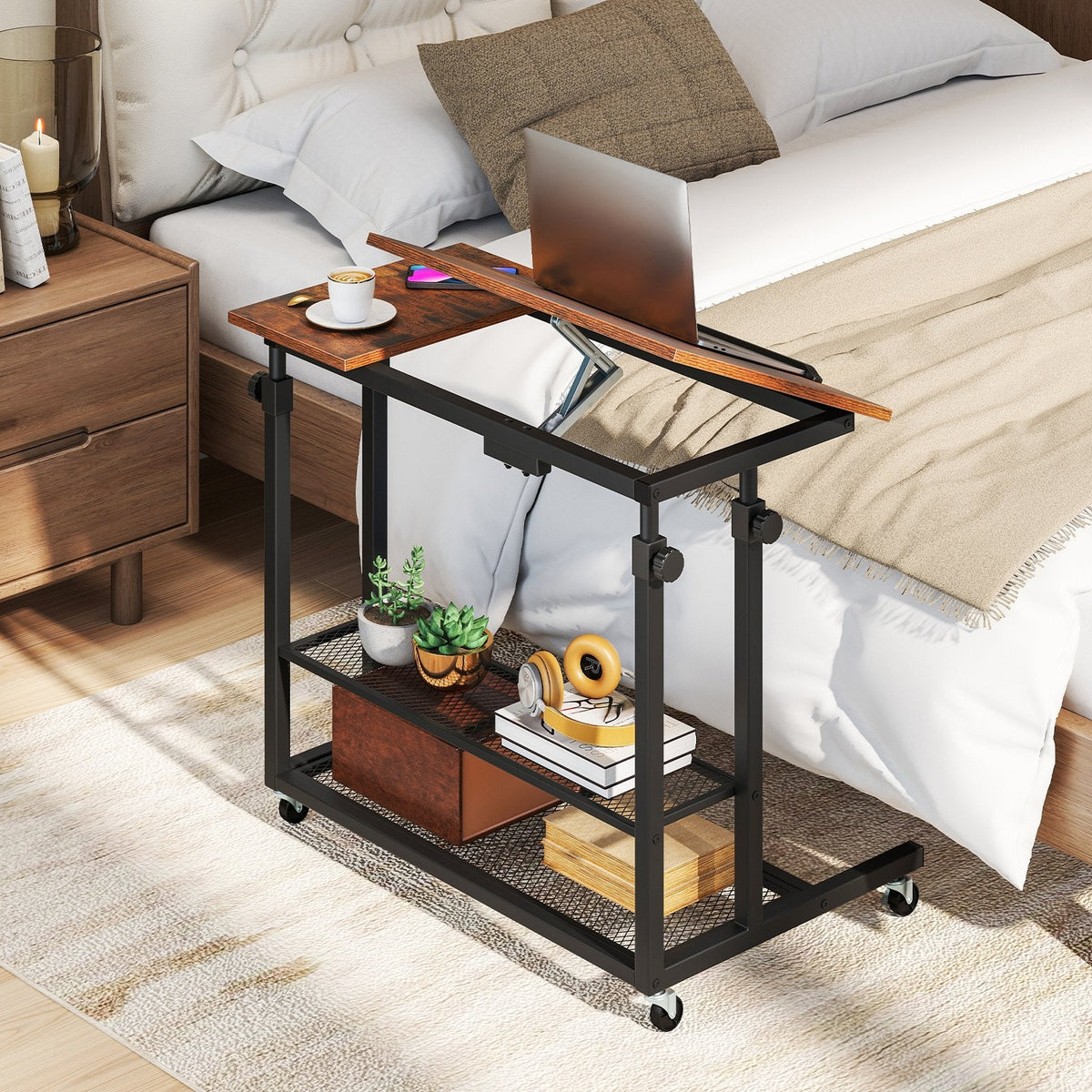 Mobile Stand up Desk Height Adjustable Standing Table with Tilting Tabletop-Rustic Brown